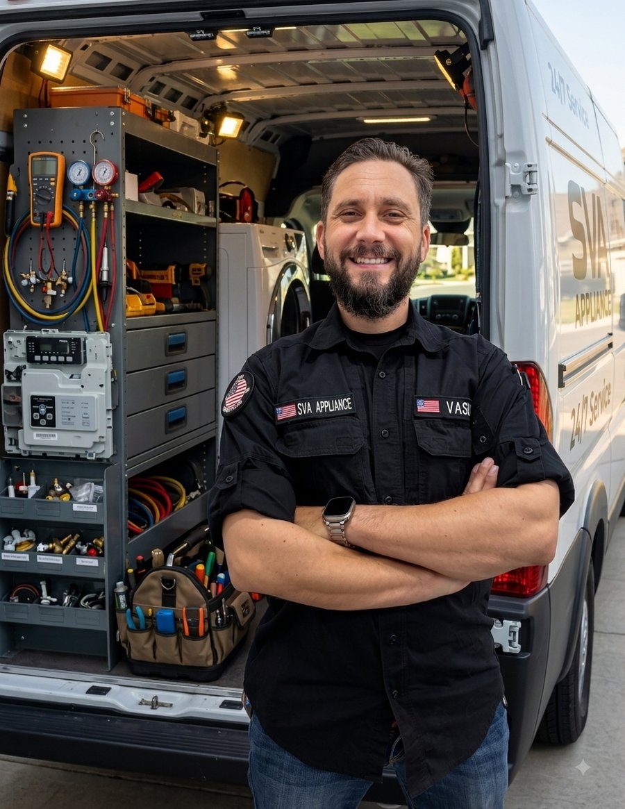 Vasily Sukhanov, owner and technician at SVA Appliance Repair LLC, standing in front of his fully stocked service van